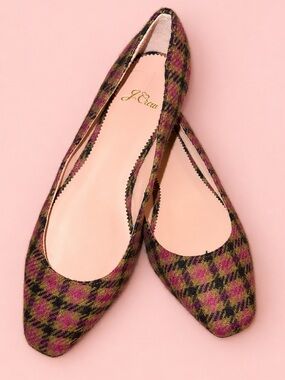 ✨ J.Crew Plaid Ballet Flats Size 7.5 Pink Olive Black Tweed Wool Blend Shoes
